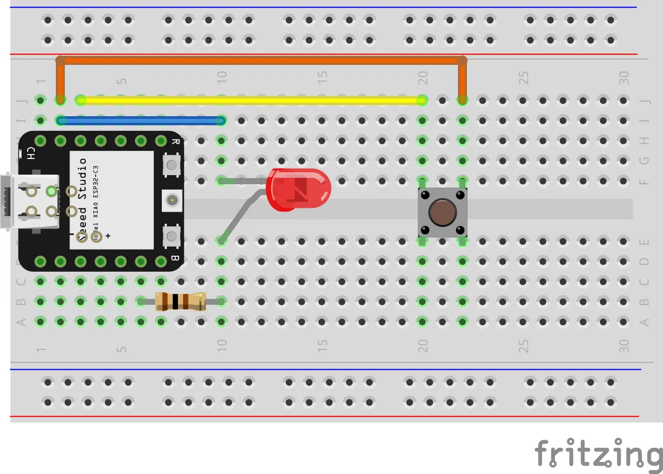 Schematic of electronic circuit, it adds a button to the circuit discussed earlier. There is a jumper wire between J2 and J22, and another between J3 and J20. The button is connected between the gap at G20 and E20.